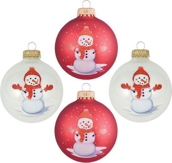 Krebs luxe gedecoreerde kerstballen - 4x st - rood/wit - 7 cm - glas - sneeuwpop