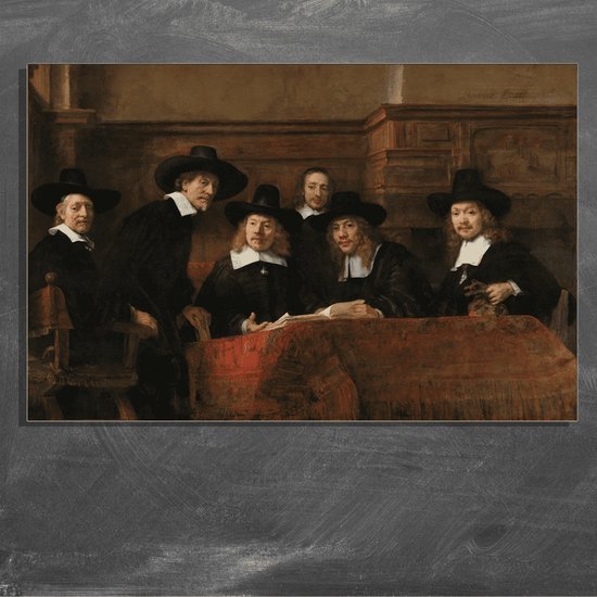 Wanddecoratie / Schilderij / Poster / Doek / Schilderstuk / Muurdecoratie / Fotokunst / Tafereel De waardijns van het Amsterdamse lakenbereidersgilde, bekend als De Staalmeesters - Rembrandt van Rijn gedrukt op Geborsteld aluminium