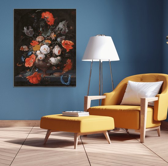 Wanddecoratie / Schilderij / Poster / Doek / Schilderstuk / Muurdecoratie / Fotokunst / Tafereel Stilleven met bloemen en een horloge - Abraham Mignon gedrukt op Dibond