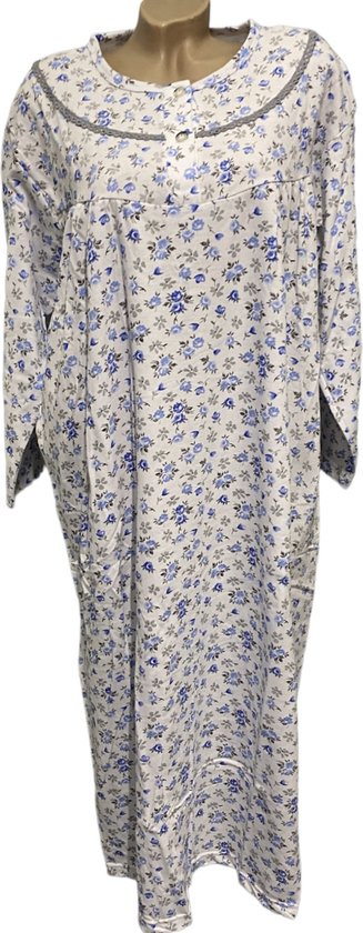 Dames flanel nachthemd lang model met bloemenprint L wit/blauw