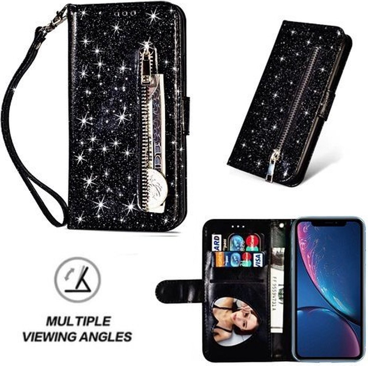iPhone XR Glitter Hoesje Met Pasjeshouder Bookcase Zwart