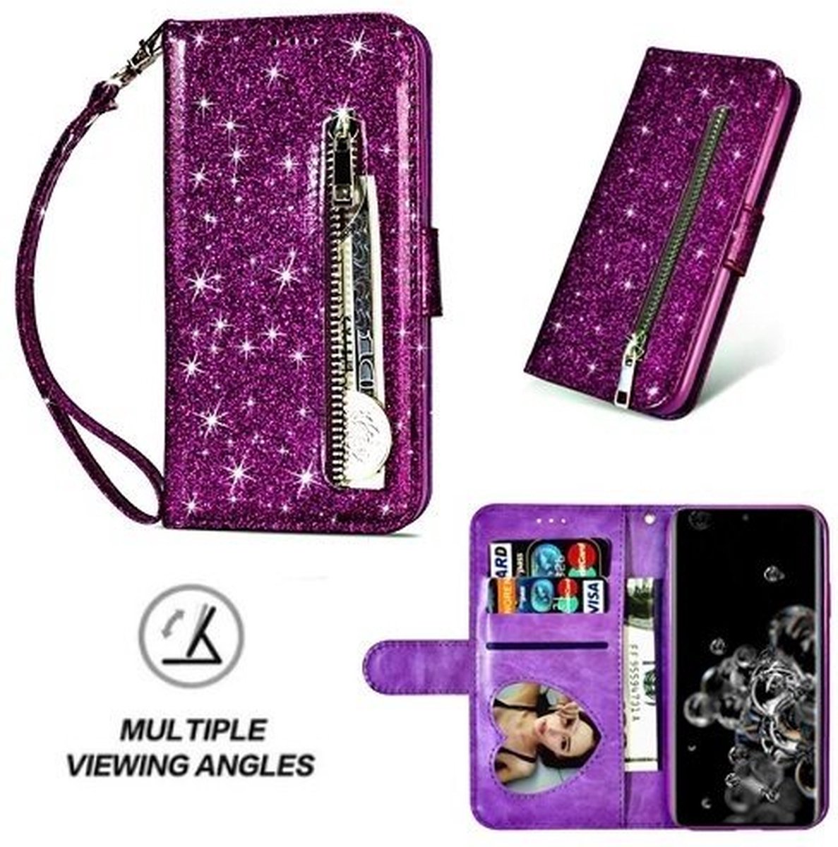 Samsung S20 Ultra Glitter Hoesje Met Pasjeshouder Bookcase Paars