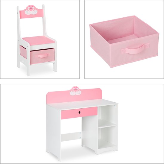 kinderbureau en stoel - lade - met opbergruimte - zwaan - kindertafel - roze-wit