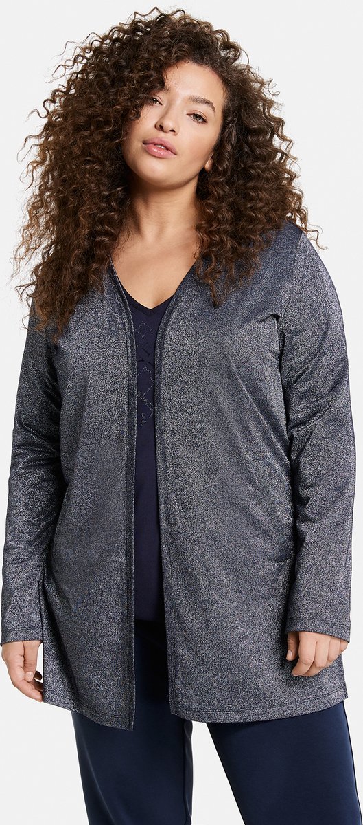 SAMOON Dames lang open vest met glittereffect Navy mel.-44