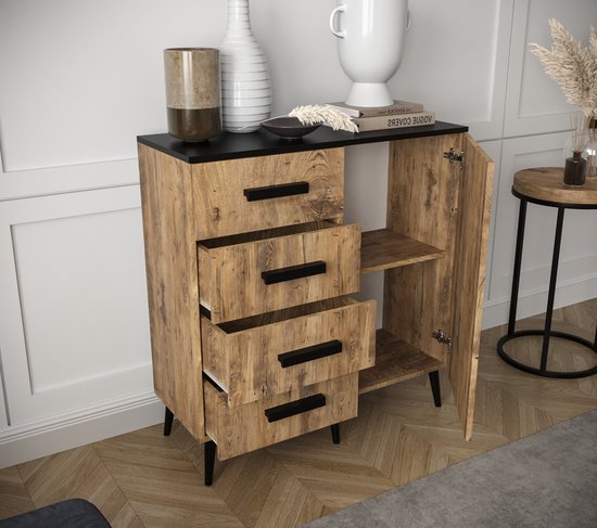 Skokliz Commode, dressoir met 3 laden, moderne ladekast, comodetekast in natuurlijke houtlook, 80 x 40 x 80,5 cm, van MDF en metaal, voor slaapkamer, woonkamer, hal, meubels