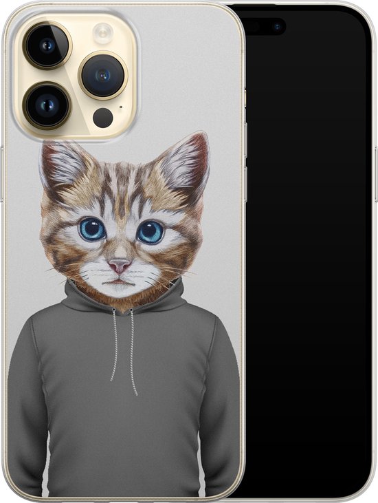 Coque iPhone 14 Pro Max silicone - Chat mignon - Coque souple pour téléphone - Chat - Transparent, Grijs