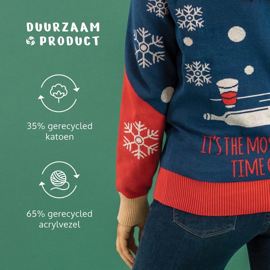 JAP Christmas Foute Kersttrui (maat L) - 100% Gerecycled - Kriebelt niet - Kerstcadeau volwassenen - Kersttrui dames en heren - Wine-derfull - Blauw