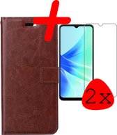 Hoes Geschikt voor OPPO A17 Hoesje Bookcase Hoes Flip Case Book Cover Met 2x Screenprotector - Hoesje Geschikt voor OPPO A17 Hoes Book Case Hoesje - Bruin