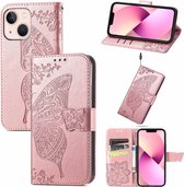 Smartphonica iPhone 13 Mini kunstleren hoesje met vlinder opdruk - Rosé Goud / Kunstleer / Book Case geschikt voor Apple iPhone 13 Mini