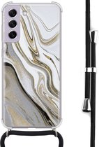 Hoesje met koord - Geschikt voor Samsung Galaxy S21 FE - Marmer wit goud - Verstelbaar zwart koord - Crossbody - Marmer - Transparant, Goud, Wit - Leuke Telefoonhoesjes