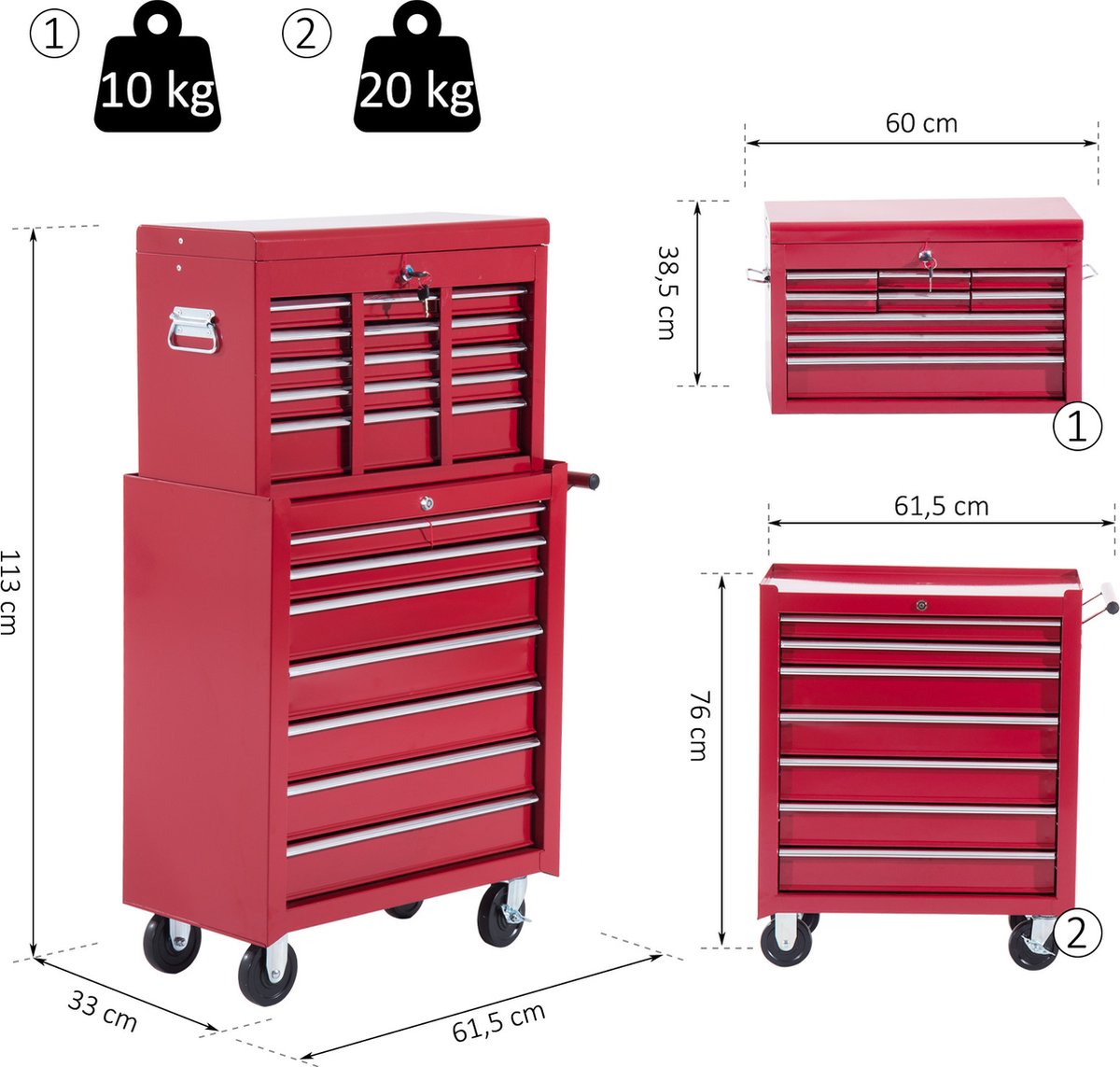 HOMCOM Chariot à Outils Roulant 3 Plateaux 1 Tiroir Coffre de