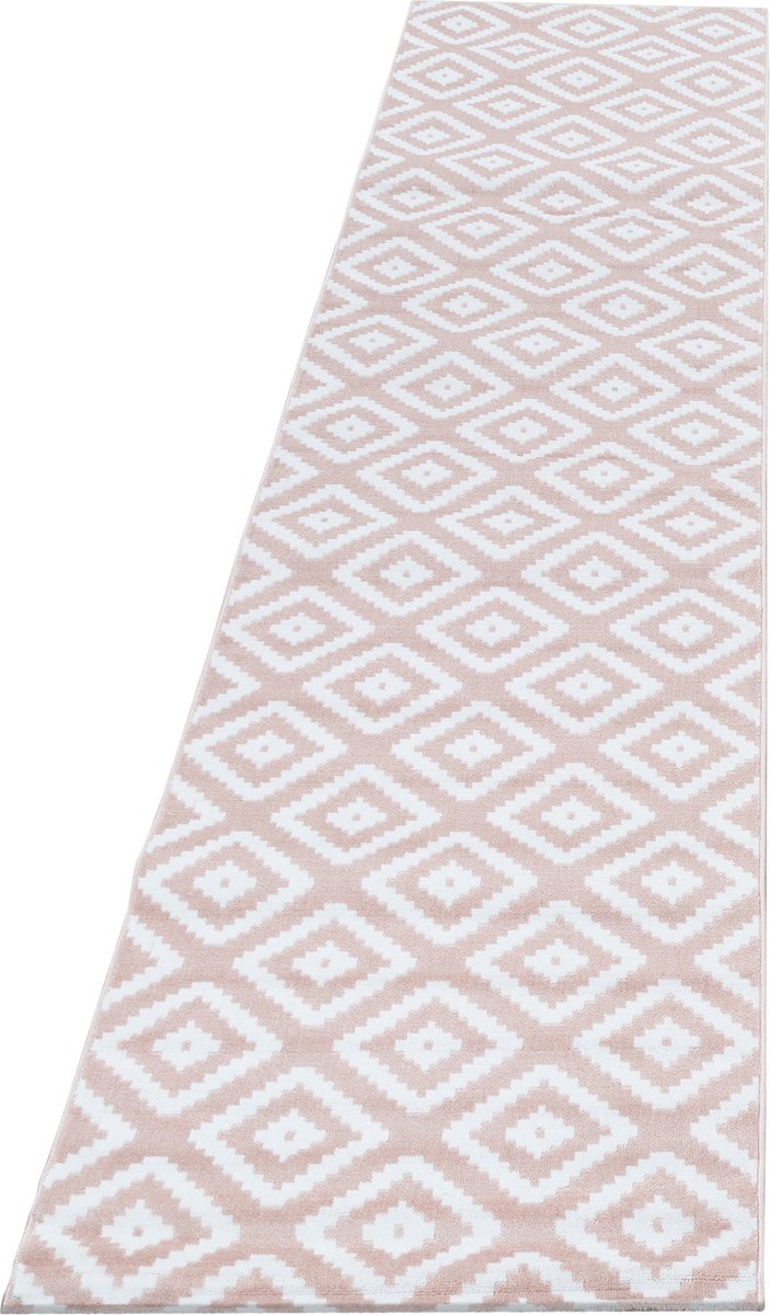 Kortpolig vloerkleed, geometrisch patroon, roze, woonkamerkleed, jute achterkant, afmeting: 80 x 300 cm