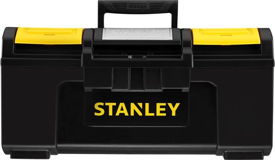 Zwarte Stanley gereedschapskoffer van 19 inch met gele deksels en een metalen sluiting.
