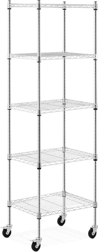 Étagère de rangement argentée en métal à 6 niveaux avec 4 roulettes pivotantes.