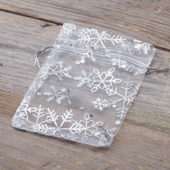 Lot De 100 Sachets En Organza Flocons De Neige - 9x12 Cm - Blanc, Cordon Serrage - Pour Cadeaux Noël, Mariage, Bonbons