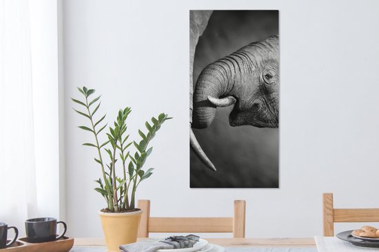Canvas schilderij - Wilde dieren - Olifanten - Zwart - Wit - Woonkamer - Canvas - 40x80 cm - Muurdecoratie - Canvas doek