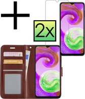 Hoes Geschikt voor Samsung A04s Hoesje Book Case Hoes Flip Cover Wallet Bookcase Met 2x Screenprotector - Bruin