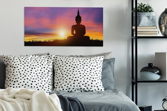 Toile - Statue de Bouddha - Silhouette - Coucher de soleil - Spirituel - Peintures salon - Peinture sur toile - Canvasdoek - 80x40 cm - Décoration murale