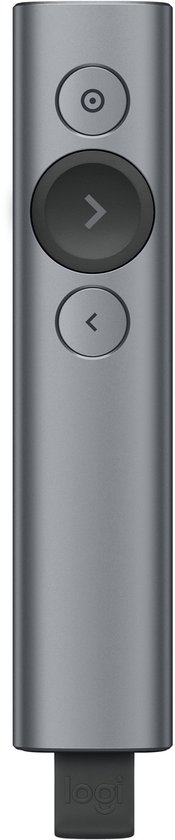 Grijze Logitech presentatieafstandsbediening met USB-ontvanger, staand op een witte achtergrond.