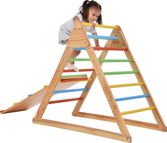 Kinderen Klimrek Indoor 4 in 1 - driehoek klimmen met glijbaan en klimmen boog hout Kleurrijke Climber-Houten klimmen speelgoed voor peuters kinderen Gym Toys boven 3-6 jaar