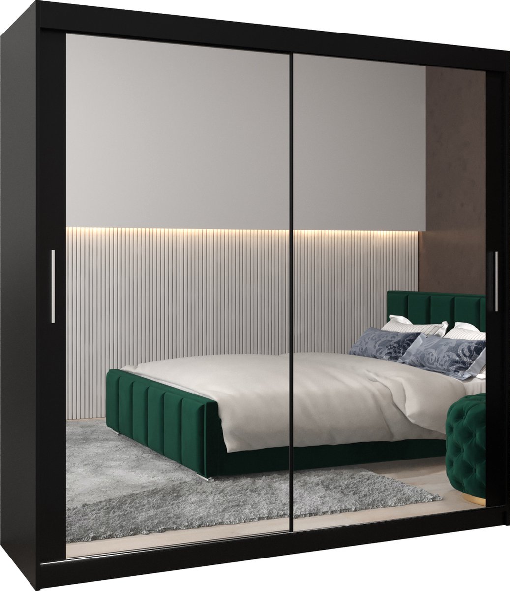 InspireMe - Kledingkast met 2 schuifdeuren, Modern-stijl, Kledingkast met planken (BxHxD): 200x200x62 - TORM III 200 Zwart Mat met 4 lades