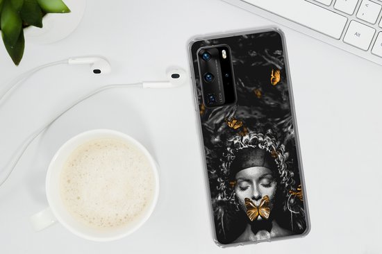 Convient pour coque Huawei P40 Pro - Femme - Papillons - Zwart - Wit - Coque de téléphone en Siliconen