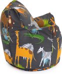 Grijze zitzak met dierenprint van giraffen, zebra's, olifanten, leeuwen en apen.
