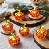 Lights4fun Set van 6 LED glazen pompoen oranje mini pompoen met timer op batterijen Halloween decoratie pompoen herfstdecoratie