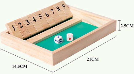 Thumbnail van een extra afbeelding van het spel Shut The Box - Dobbelspel - Hout - Kansspel - Inclusief dobbelstenen - Drankspel - Houten Spel - Reisspel - Rekenspel