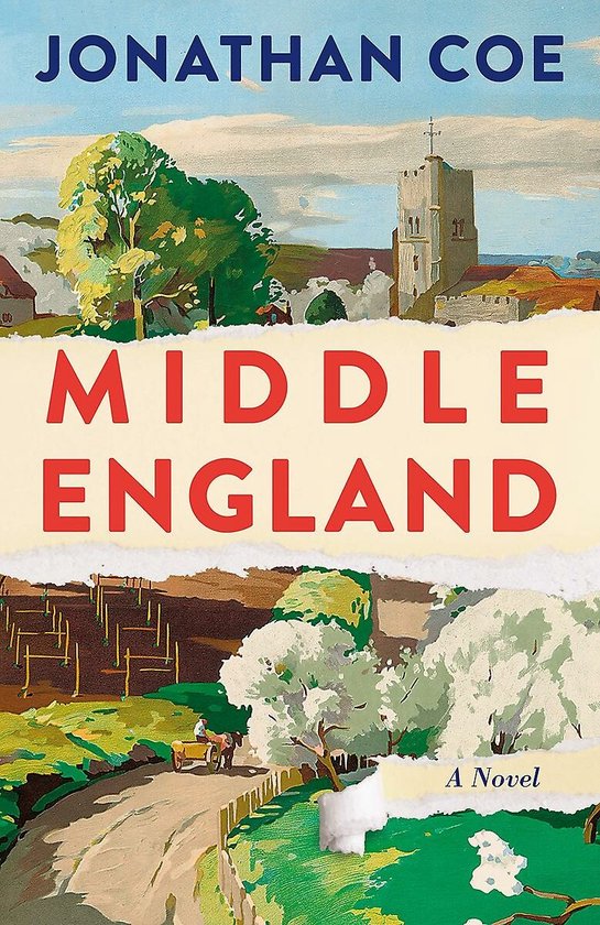 Boek kaft met de titel "MIDDLE ENGLAND" en een illustratie van een Engelse kerk en landschap met een koets.