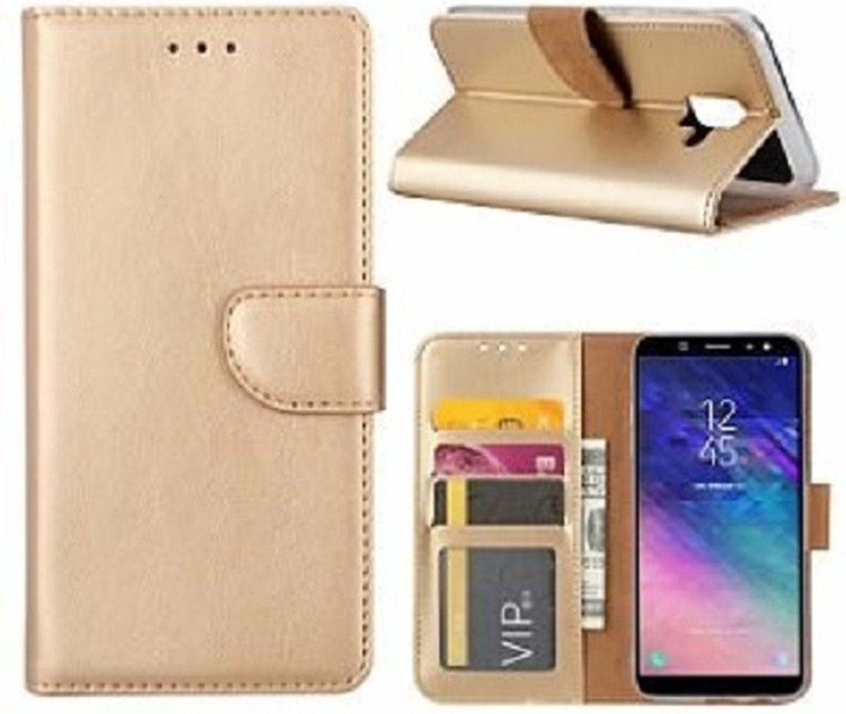 Samsung A6 2018 Hoesje Met Pasjeshouder Bookcase Goud