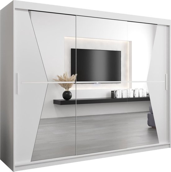 InspireMe - Kledingkast met 3 schuifdeuren, Modern-stijl, Een kledingkast met planken en een spiegel (BxHxD): 250x200x62 - TOTO 250 Wit Mat