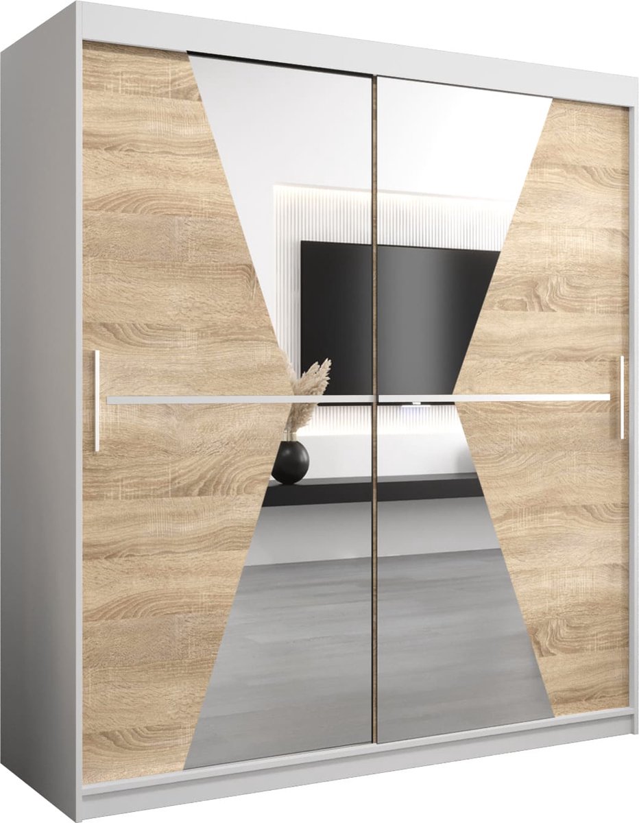 InspireME Kledingkast met 2 schuifdeuren, Modern-stijl, Een kledingkast met planken en een spiegel (BxHxD): 180x200x62 - TOTO 180 Wit Mat + Sonoma Eik met 4 lades