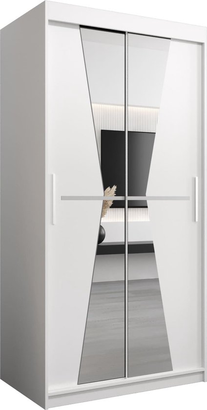 Witte kledingkast met twee spiegelende schuifdeuren met een decoratief wit paneel.