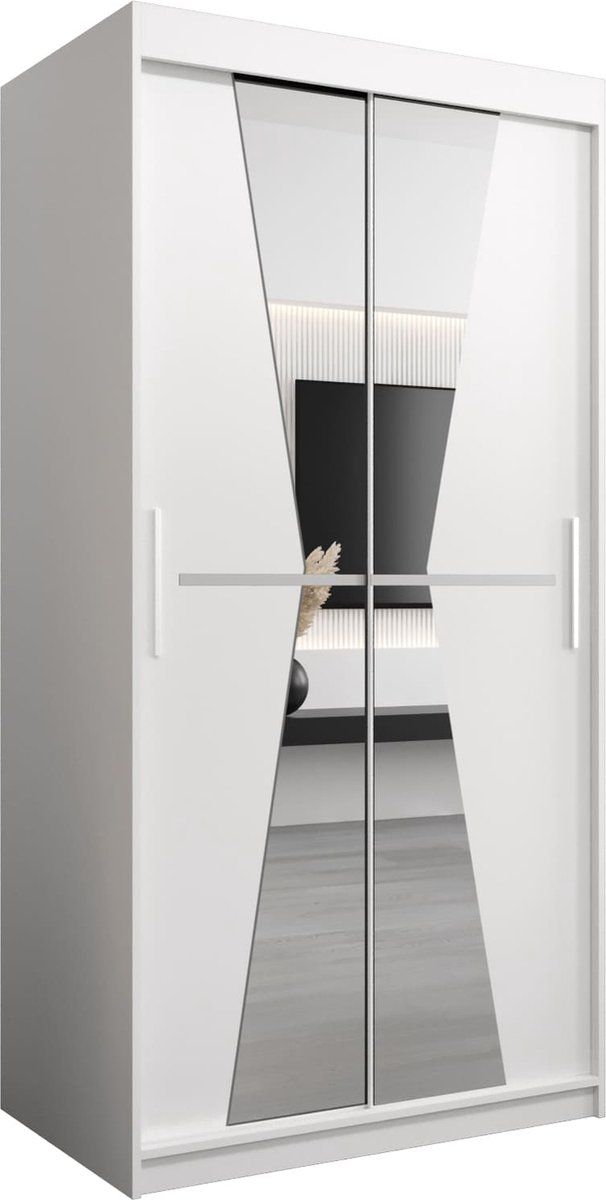 InspireME Kledingkast met 2 schuifdeuren, Modern-stijl, Een kledingkast met planken en een spiegel (BxHxD): 100x200x62 - TOTO 100 Wit Mat
