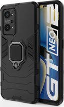 Mobigear Hoesje geschikt voor Realme GT Neo 3T Telefoonhoesje Hardcase | Mobigear Armor Ring Backcover Shockproof met Ringhouder | Schokbestendig GT Neo 3T Telefoonhoesje | Anti Shock Proof - Zwart