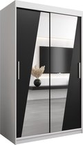 InspireMe - Kledingkast met 2 schuifdeuren, Modern-stijl, Een kledingkast met planken en een spiegel (BxHxD): 120x200x62 - THOR 120 Wit Mat + Zwart met 2 lades