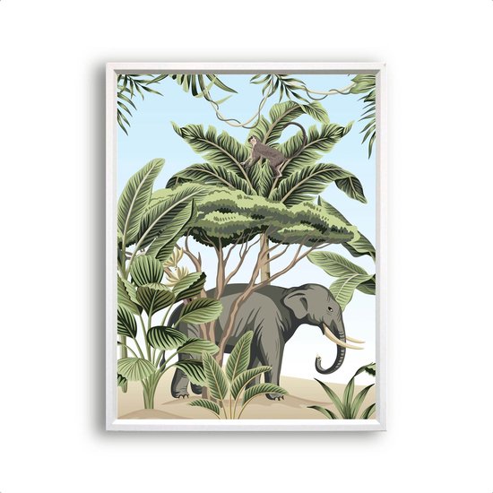 Postercity - Poster Jungle Safari Olifant Aap aquarel / waterkleur 3/3 - Jungle/Safari Dieren Poster - Kinderkamer / Babykamer - 80x60cm