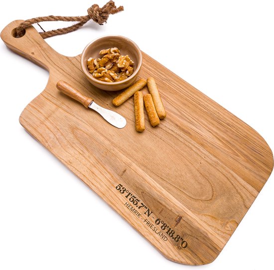 Serveerplank HEMRIK - FRIESLAND met exacte coördinaten | Persoonlijk cadeau | Hout 40x18cm | Tapasplank van Jouw Plaats!