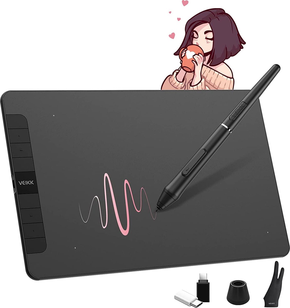 VEIKK VK1060 tekentablet, 10 x 6 inch grafisch tablet met 8 sneltoetsen, 8192 niveaus Batterijvrije pen Ondersteunt kantelfunctie, werk voor digitale kunst Tekenen, animatie, ontwerp of online werk