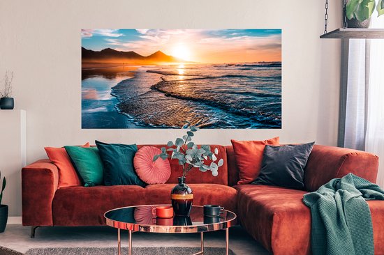 Affiche Coucher de Soleil - Mer - Berg - Horizon - Paysage - Blauw - 150x75 cm