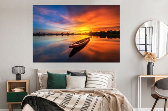 Affiche Bateau - Water - Coucher de soleil - Oranje - Water - 180x120 cm XXL - Décorations de Noël - Décoration de Noël pour l'intérieur - Noël