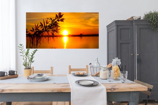 Poster Zonsondergang - Water - Planten - Oranje - 150x75 cm