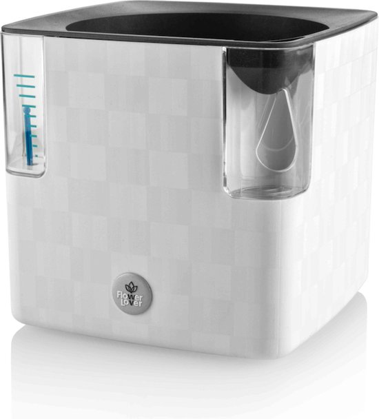 Witte vierkante plantenbak met bewateringsindicatoren en logo.