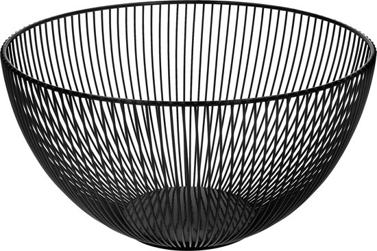 Zwarte metalen fruitschaal met verticale spijlen.