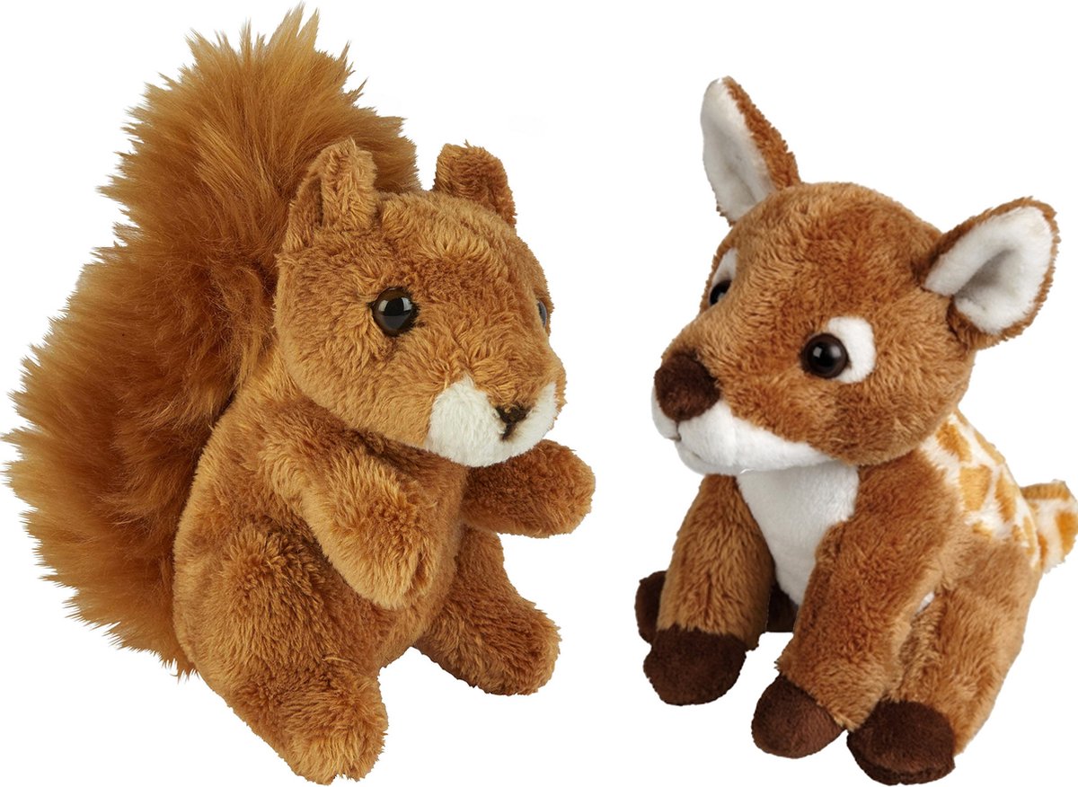 Ravensden - Bosdieren pluche knuffels - 2x stuks - Hertje en Eekhoorn - 15 cm
