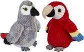 Ravensden - Papegaaien vogels pluche knuffels - 2x stuks - Rode en Grijze - 15 cm