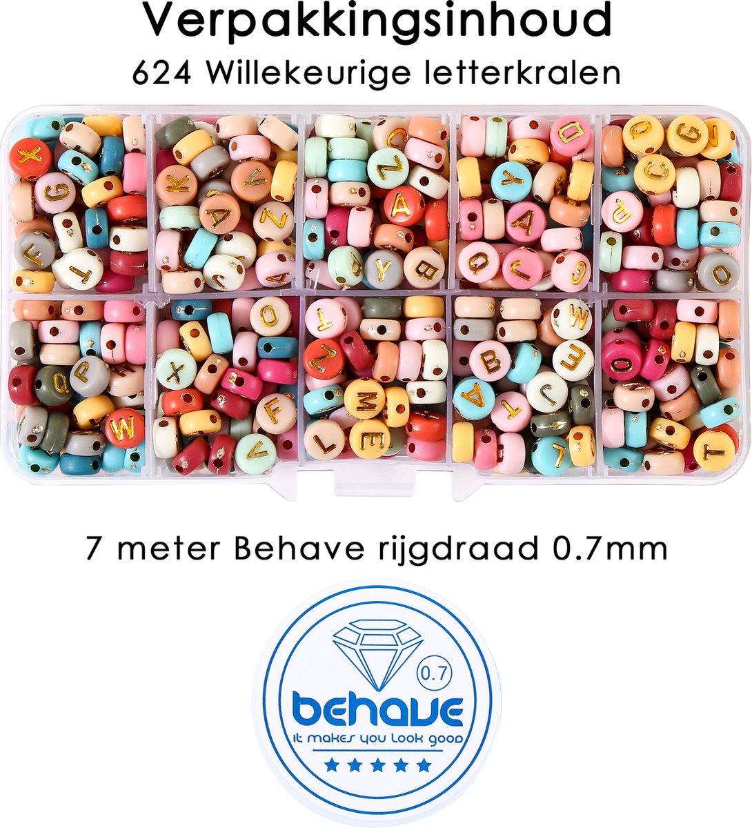 Behave Letterkralen Set - Multi Kleur met Gouden Letters - Acryl - Kralen - Alfabet Kralen - Bedels - 7mm - 624 Stuks — afbeelding 6