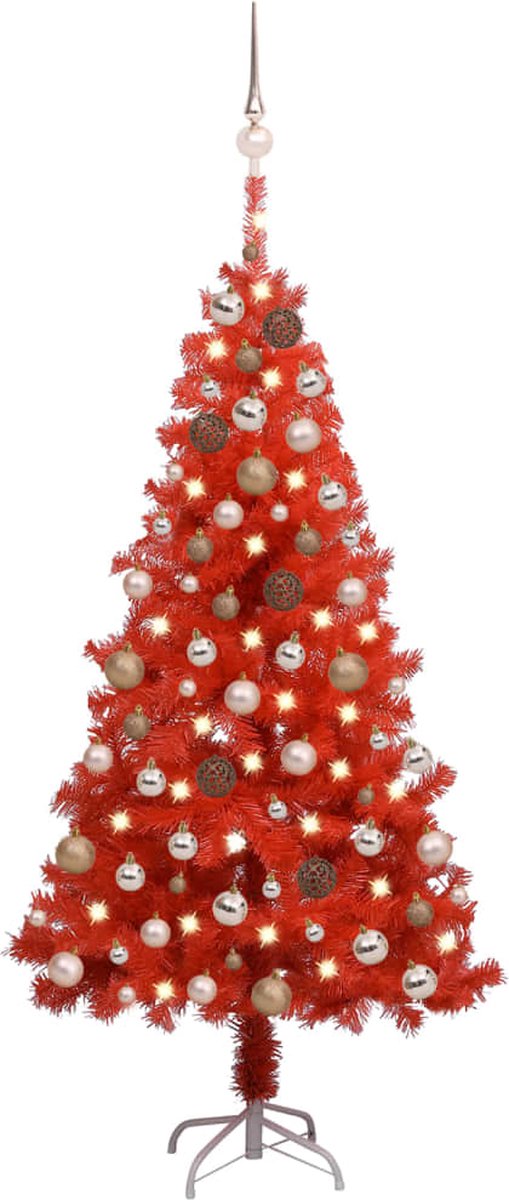 Prolenta Premium - Kunstkerstboom met LED's en kerstballen 120 cm PVC rood