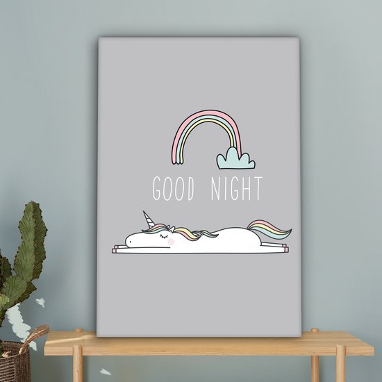 Peinture sur toile Licorne - Citations - Bonne nuit - Licorne - Texte - Arc-en-ciel - Dictons - Décoration murale filles - Décoration chambre d'enfant - 60x90 cm